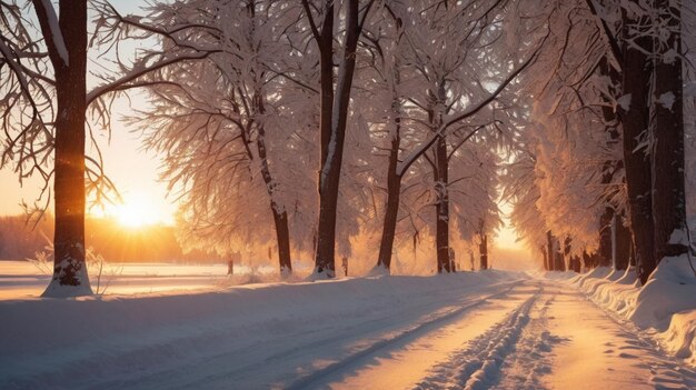 Trees on snow covered field during sunset