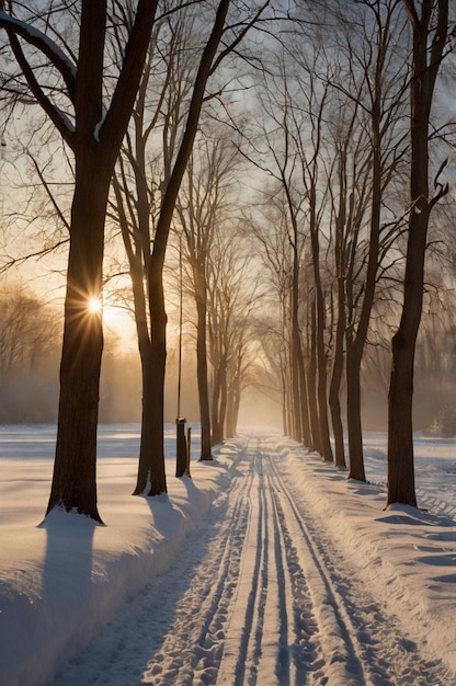 Trees on snow covered field during sunset