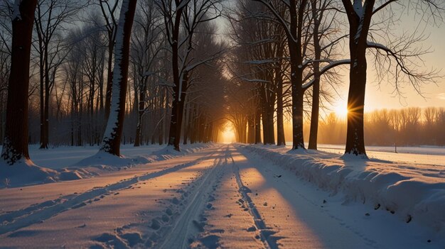 Trees on snow covered field during sunset