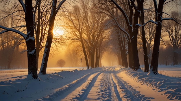 Trees on snow covered field during sunset