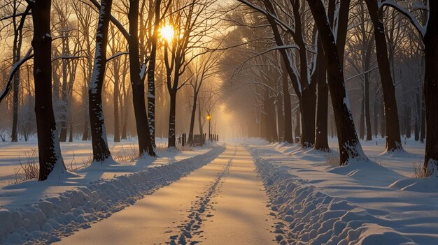 Trees on snow covered field during sunset