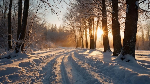 Trees on snow covered field during sunset