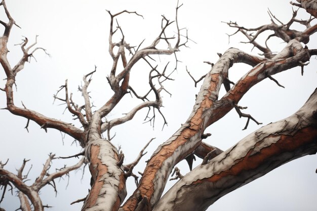 Trees with clawlike branches against a gray sky