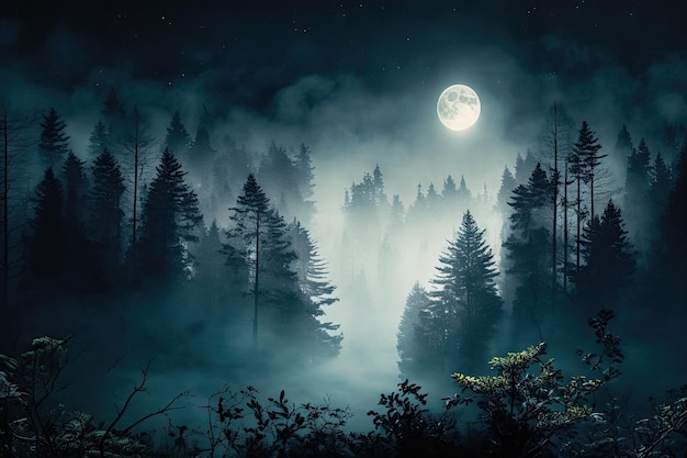 Treetop view of moonlit forest with mist rising from the trees created with generative ai