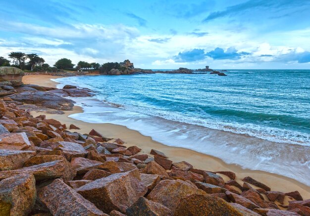 Tregastel coast morning spring view  (between Perros-Guirec and Pleumeur-Bodou, Brittany, France). The Pink Granite Coast