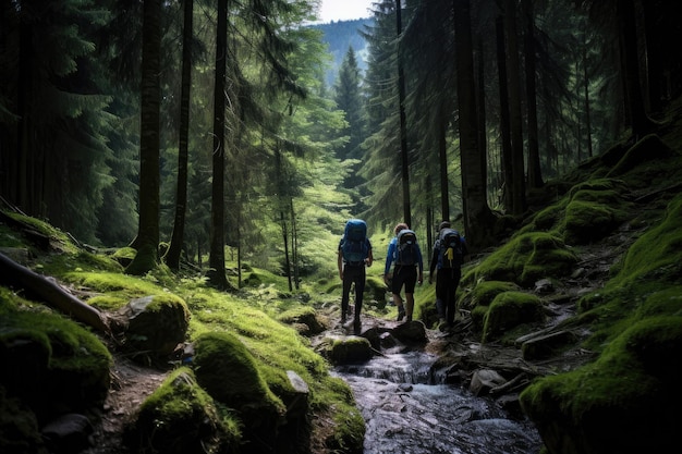 Photo trekking through the forest teams with backpacks in the fog