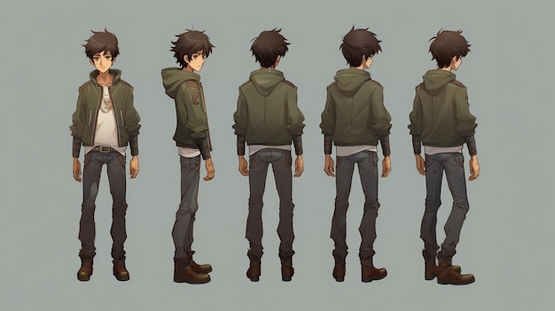 Trendy Anime Boy Character Turnaround Concept Art Sheet full view Showcasing A Handsome Teen's Styli