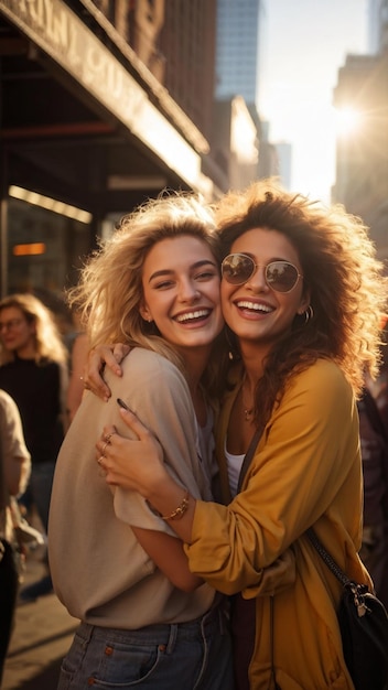 Photo trendy best friends hugging and smiling together