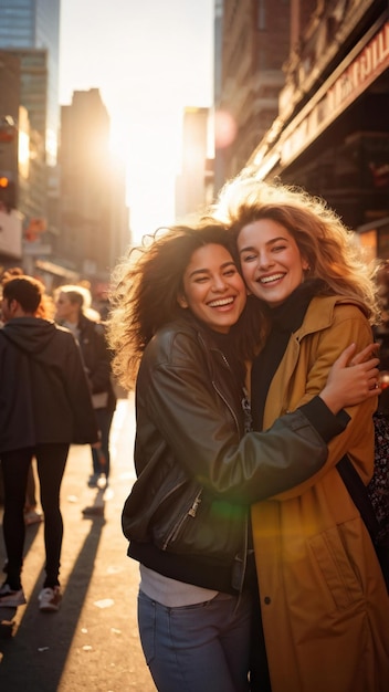 Photo trendy best friends hugging and smiling together