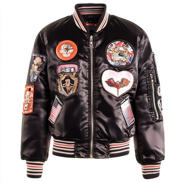 Photo trendy bomber jacket with patches and a satin finish