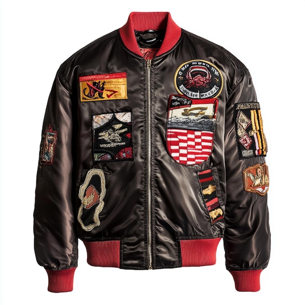 Photo trendy bomber jacket with patches and a satin finish