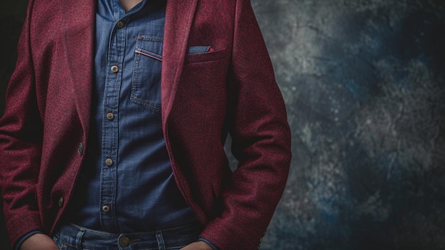 Trendy Business Attire Red Blazer and Blue Jeans Outfit for Men