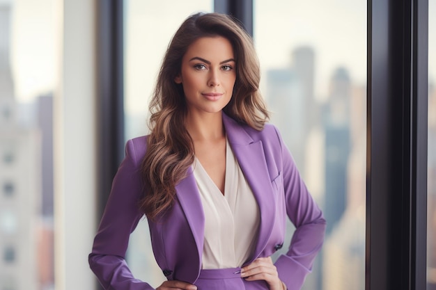 A trendy businesswoman in a lilac blazer and ruched white shirt posing in a highrise office