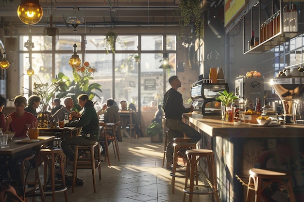 A trendy cafe bustling with customers