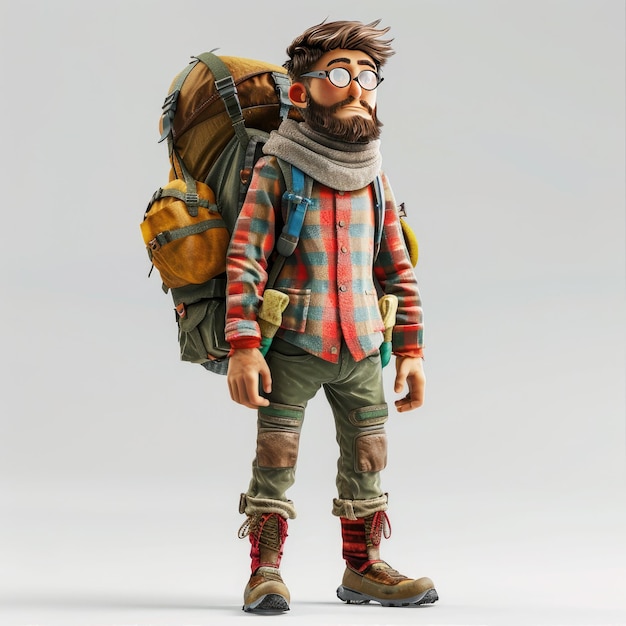 Photo trendy cartoon backpacker prepared for adventure in detailed outdoor hiking apparel