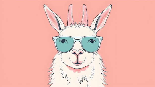 Trendy Cartoon Llama in Pastel Sunglasses on Minimalist Background