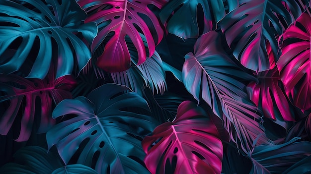 Trendy composition made of fluorescent color layout made of tropical jungle leaves F Generative AI