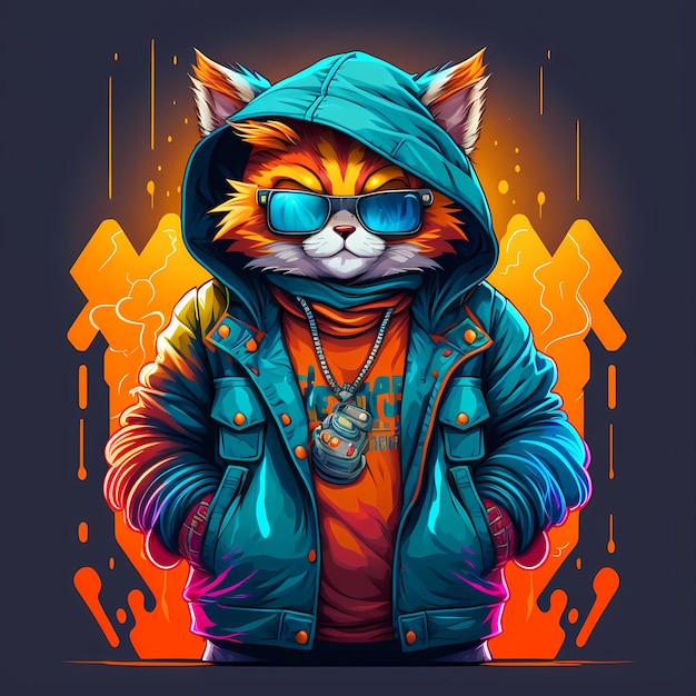 Trendy and cool cat with hoodie jacket and wearing eyeglass t-shirt design