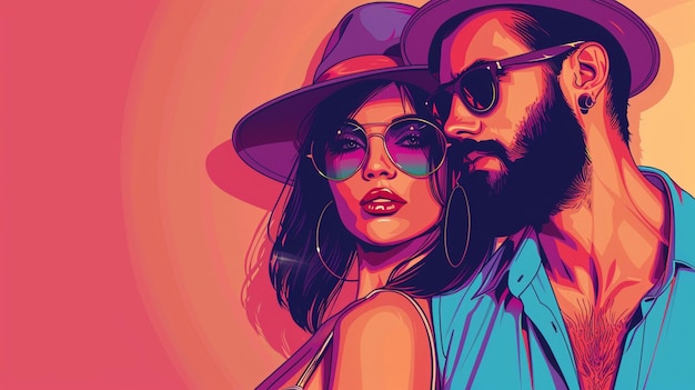 Trendy Couple Wearing Sunglasses and Hats Portrait