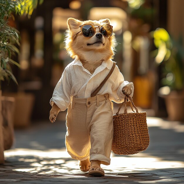 Photo trendy dog striding confidently in casual chic outfit