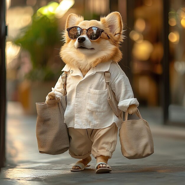 Photo trendy dog striding confidently in casual chic outfit