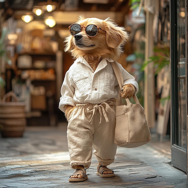 Photo trendy dog striding confidently in casual chic outfit