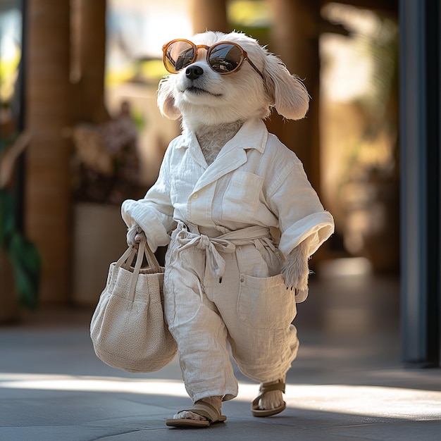 Photo trendy dog striding confidently in casual chic outfit