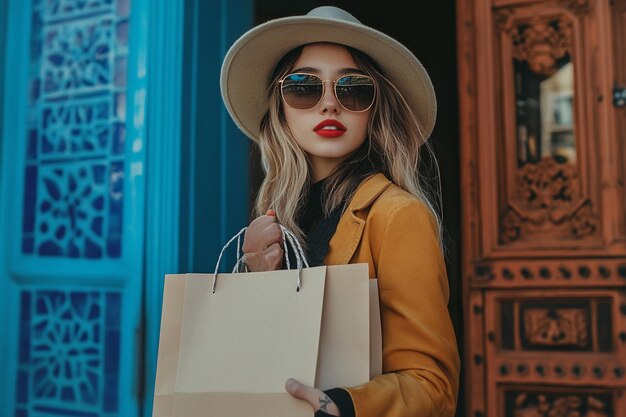 Photo trendy dressed woman holding shopping paper