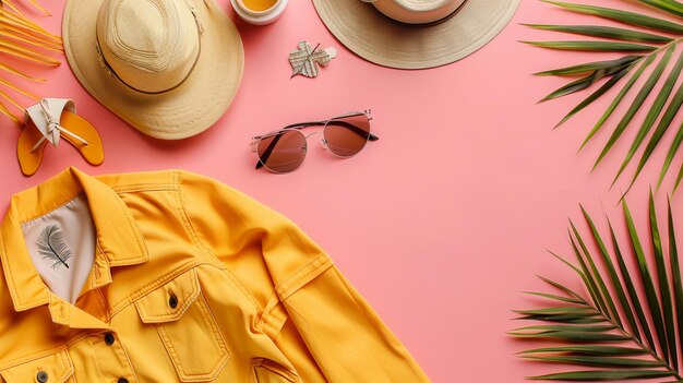 Trendy Fashion Blogger Flat Lay with Yellow Jacket and Palm Leaves on Pink Background