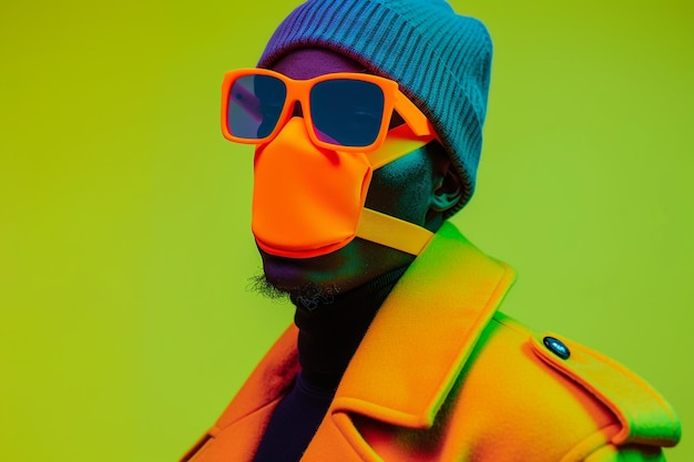 Photo trendy fashion model in a casual overcoat with neon orange ski mask against a neon green lifestyle lifestyle mens s portrait background