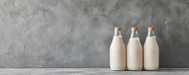 Trendy fermented dairy drinks with probiotics poured from glass bottles on a chic gray background