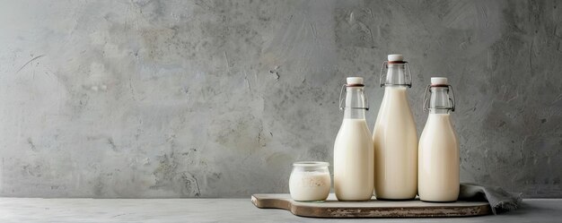 Trendy fermented dairy drinks with probiotics poured from glass bottles on a chic gray background