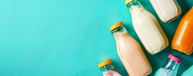 Trendy fermented dairy drinks with probiotics poured from glass bottles on a cool turquoise