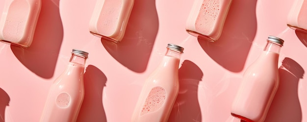 Trendy fermented dairy drinks with probiotics poured from glass bottles on a dusty rose background