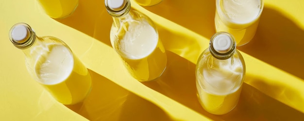 Trendy fermented dairy drinks with probiotics poured from glass bottles on a vibrant yellow