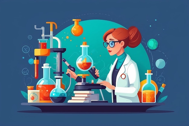 Trendy flat design round web icon on female scientist character at work Concept design on chemistry