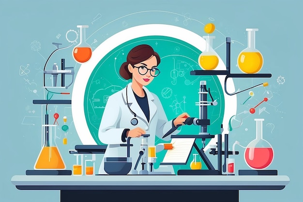 Trendy flat design round web icon on female scientist character at work Concept design on chemistry