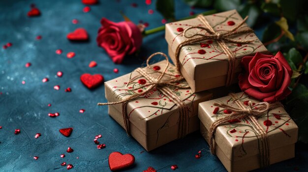 Trendy gift boxes rose flowers and hearts on a colored background Valentines Day space for text