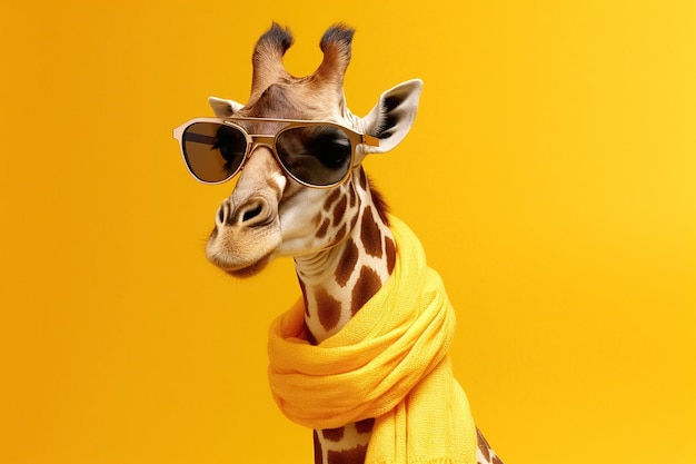 trendy giraffe in scarf and sunglasses over yellow background Generative Ai