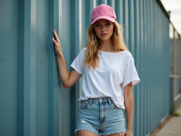 Photo trendy girl model showcases stylish outfit with baseball cap and denim shorts against urban backdrop