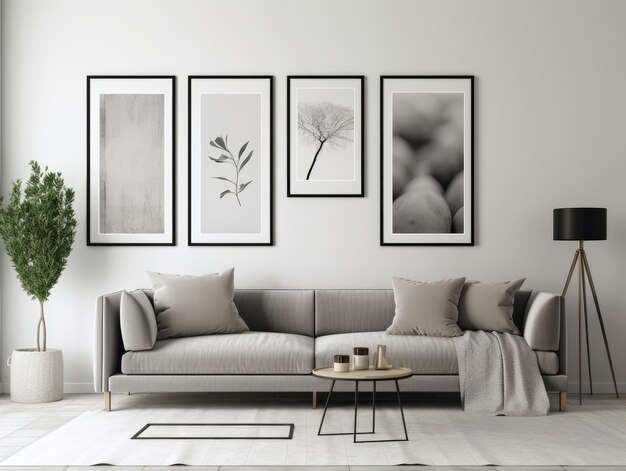 Trendy grey modern living room with mock up frame above sofa Generative AI