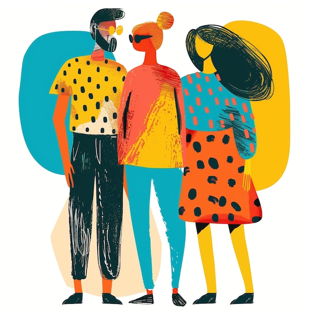 Photo trendy group of friends illustration with bold patterns and artistic style