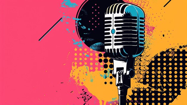 Trendy Halftone Collage Podcast Poster with Studio Microphone in pop style