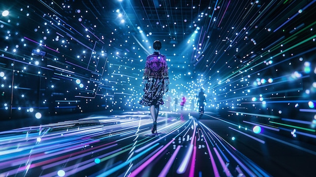 Trendy holographic fashion runway with neon lights