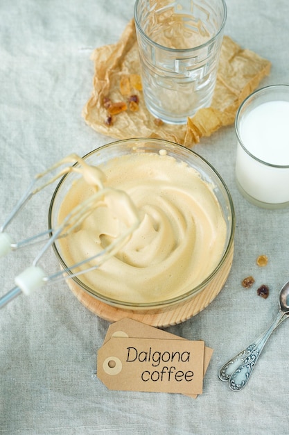 Trendy iced frothy ultra fluffy Dalgona instant Coffee drink