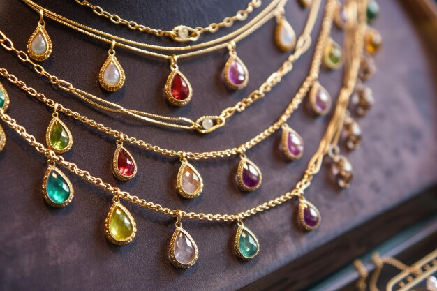 Trendy layered necklace showcasing gold and gemstone pendants Fashionforward layered necklace featuring a combination of gold and gemstone pendants