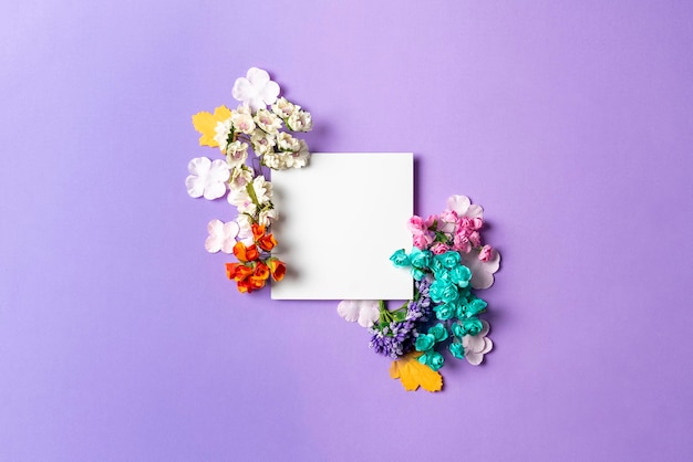 A trendy layout of white square frame on top of flowers on pastel background