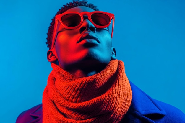 Photo trendy man in neon red scarf with solid neon blue highlights featured in a solid background lifestyle portrait