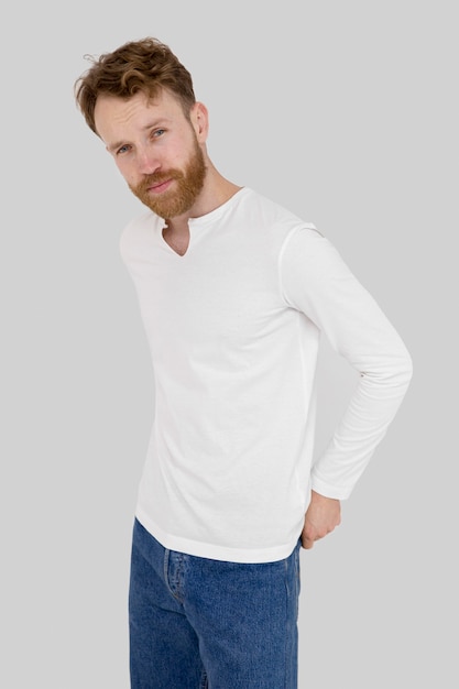 Trendy man wearing blank shirt medium shot