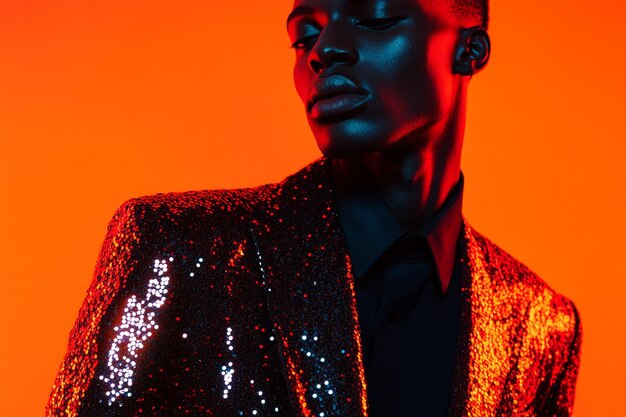 Photo trendy men in sequined black blazer with solid neon orange background fashion lifestyle portrait stylish and chic